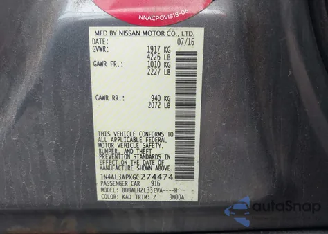 2016 Nissan Altima 2.5 Sr z USA, uszkodzony, nr VIN 1N4AL3APXGC274474